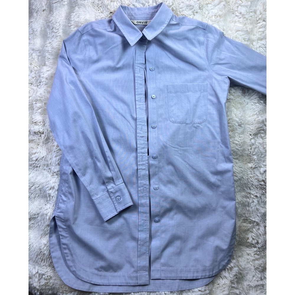 Orvis Womens Light Blue Long Sleeve Button Down Shirt Size 6 Pocket Rounded A33